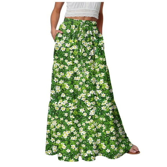 YDFCWXW Long Skirts for Women Trendy Elastic Waist Flowy Summer Ankle Length Boho Flared A Line Maxi Skirt Green, S