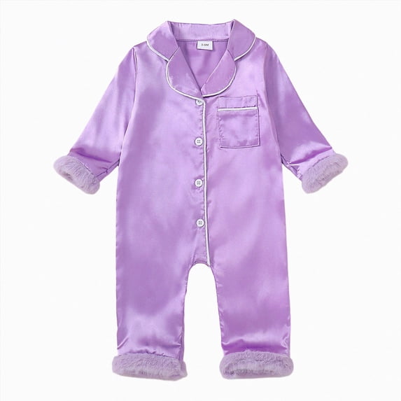 YDFCWXW Long Sleeve Button Down Satin Silk Pajamas, Baby Girl Boy Pjs Jumpsuit Loungewear (Purple, 12-18 Months)