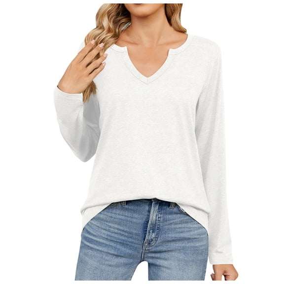 YDFCWXW Long Sleeve Shirts for Women V Neck Fall Tops Basic Tunic Tops Loose Fit Dressy 2025 White, S