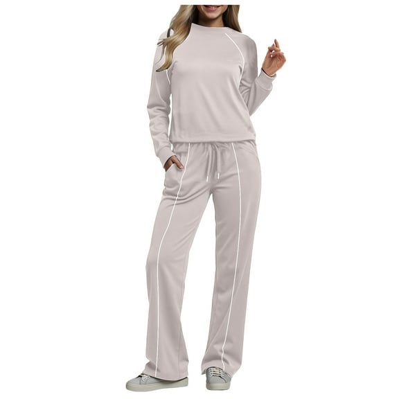 YDFCWXW Lounge Sets for Women 2 Piece Fall Outfits 2025 Wide Leg Pant Matching Sets Womens Clothing (Beige, S)