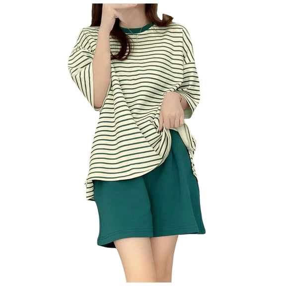 YDFCWXW Loungewear for Women Fashion Striped Loose Short Sleeve Top and Shorts 2 Piece Pajamas Set Summer Sleepwear Sets (Green, XL)