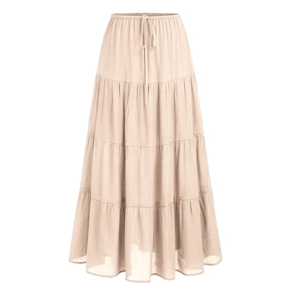 YDFCWXW Maxi Skirts for Women Tiered Long Skirts Pleated A Line Adjustable Elastic Waist with Drawstring Flowy Long Skirt Beige, M