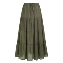 YDFCWXW Maxi Skirts for Women Tiered Long Skirts Pleated A Line Adjustable Elastic Waist with Drawstring Flowy Long Skirt Green, M