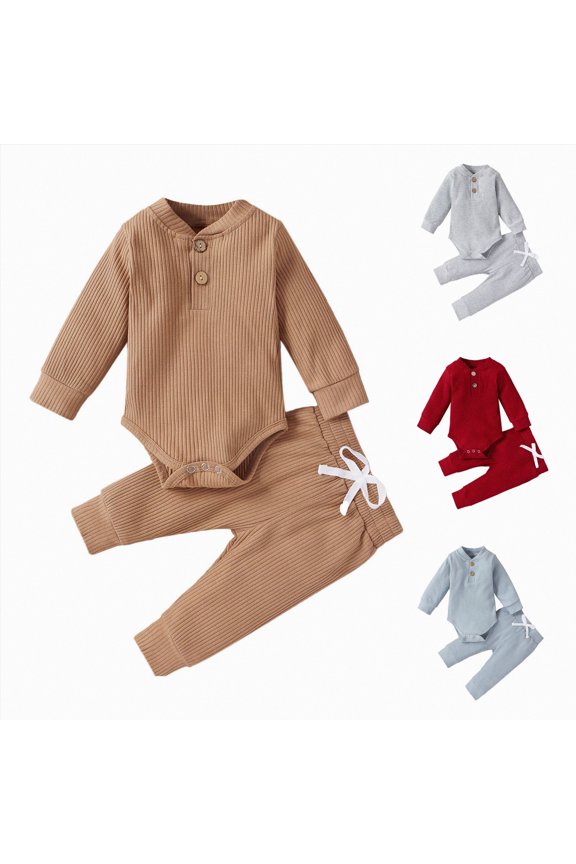 Newborn Baby Boy Girl Clothes Set Ribbed Outfits Unisex Infant Solid Long Sleeve Tops Pants 2PCS (Blue, 6-9 Months)