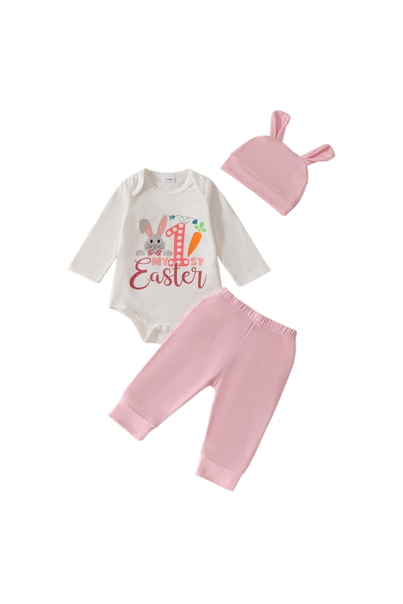 Newborn Baby Boy Girl Easter Day Clothes Set Long Sleeve Rabbit Romper Long Pants Hat My First Easter Outfits (Red, 6-12 Months)