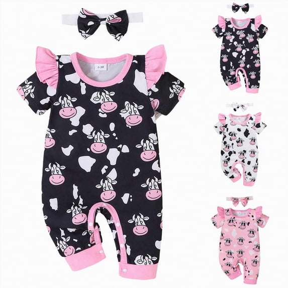 YDFCWXW Newborn Baby Girl Cow Print Romper Jumpsuit Headband Clothes Set (White, 9-12 Months)