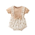 thumbnail image 1 of YDFCWXW Newborn Girl Baby Romper Floral Ruffle Short Sleeve Jumpsuit Knitted Ribbed Triangle Bodysuit (Khaki, 3-6 Months), 1 of 7