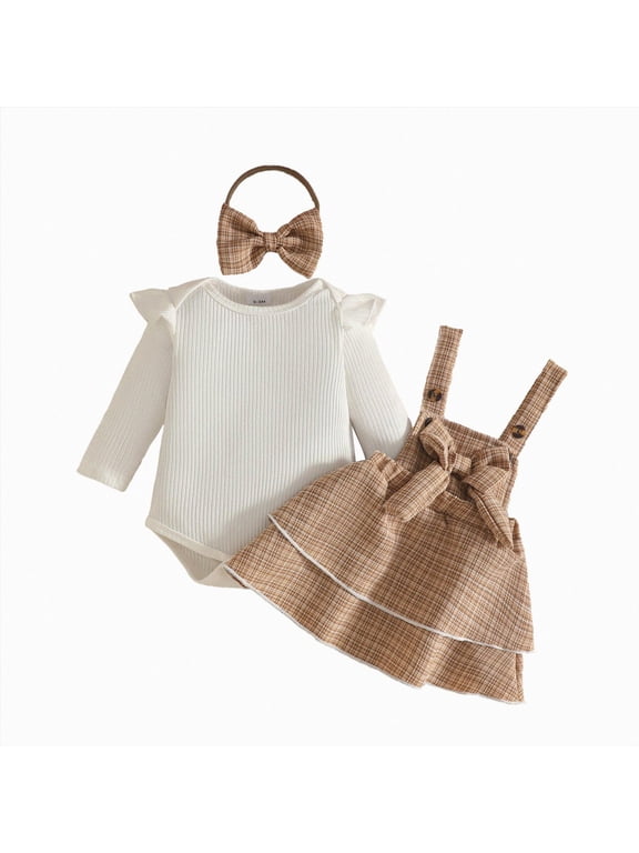 Newborn Infant Girls Clothes Set Ruffle Top Plaid Overall Dress with Bow Headband 0-18M (Khaki, 12-18 Months)