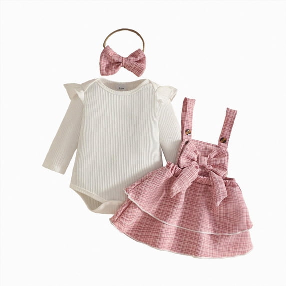 YDFCWXW Newborn Infant Girls Clothes Set Ruffle Top Plaid Overall Dress with Bow Headband 0-18M (Pink, 3-6 Months)