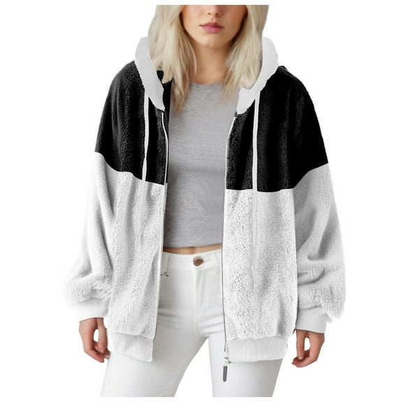 YDFCWXW Oversized Fuzzy Fleece Jackets For Women Fashion 2025 Color Block Faux Fur Cardigan Coat Shaggy Warm Winter Outerwear Black, 4XL
