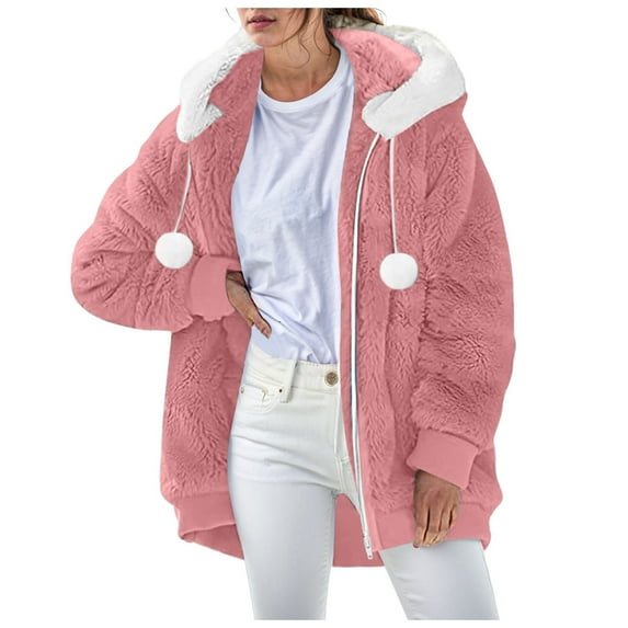 YDFCWXW Oversized Fuzzy Fleece Jackets For Women Fashion 2025 Color Block Faux Fur Coat Shaggy Warm Winter Outerwear Pink, M