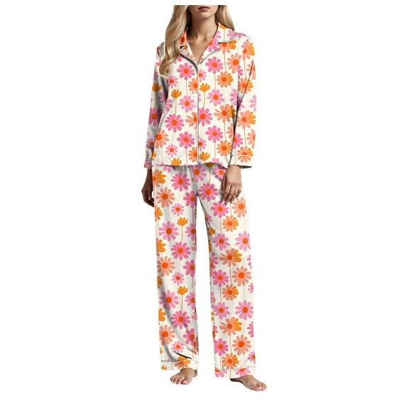 YDFCWXW Pajamas Set For Women Comfy Button Down Long Sleeve Sleepwear Lounge-wear Outfits Orange, L