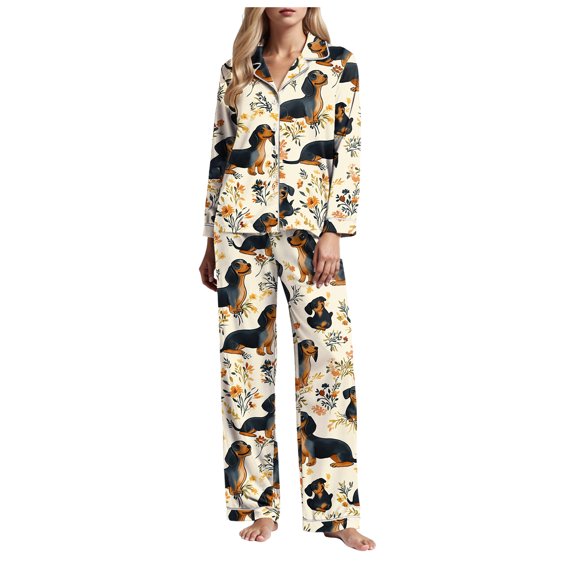 YDFCWXW Pajamas Set for Women Soft Long Sleeve Button Down Sleepwear Plus Size Pj Lounge Sets Loungewear Beige, XL