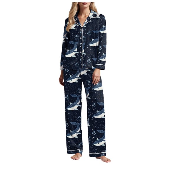 YDFCWXW Pajamas Set for Women Soft Long Sleeve Button Down Sleepwear Plus Size Pj Lounge Sets Loungewear Dark Blue, XL