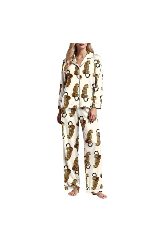 Pajamas for Women Set Custom Funny Printed Pajamas Set Gifts Long Sleeve Button Down Sleepwear Light Yellow, S