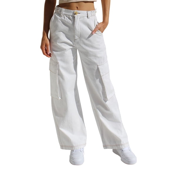 YDFCWXW Parachute Jeans Pants for Women Baggy Low Waist Cargo Pants Casual Loose Y2k Pants Wide Leg Jogger Trousers White, M