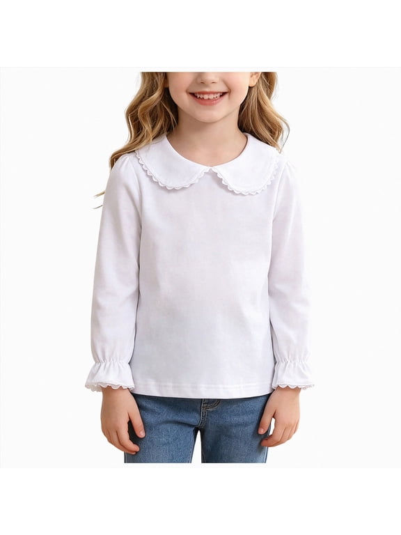 Peter Pan Collar Shirt Toddler Baby Girls Blouse Puff Sleeve Top | Collared Shirt Girls, Toddler Long Sleeve Ruffle Shirt, Kids Scalloped Collar Blouse (White, 2-3 Years)