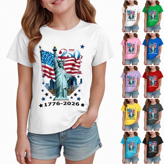 YDFCWXW Pretty Statue of Liberty 1776- 2026 July 4th 250th Birthday T-Shirt for Girls (2-3 Years, Yellow)