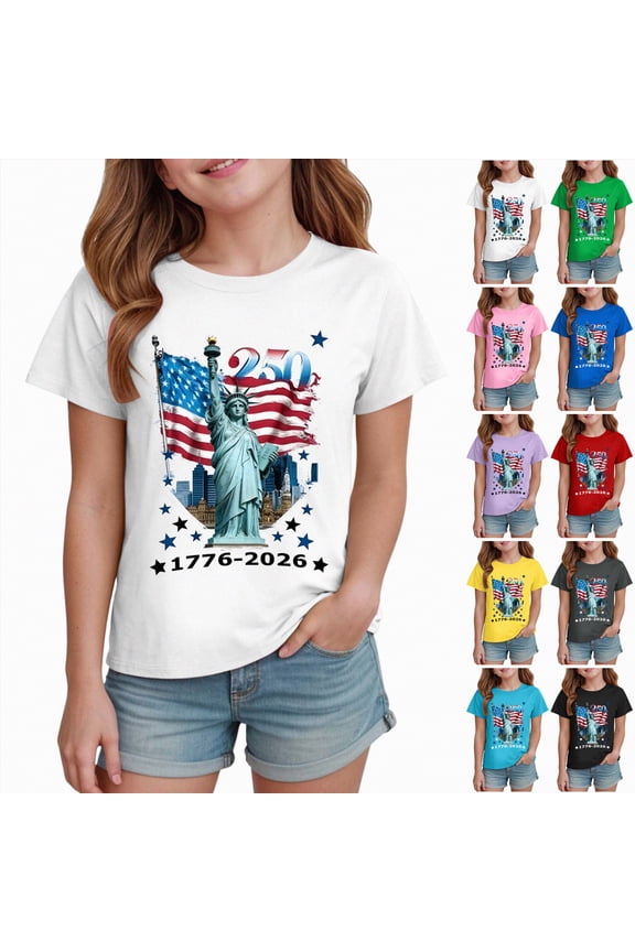 Pretty Statue of Liberty 1776- 2026 July 4th 250th Birthday T-Shirt for Girls (9-10 Years, Sky Blue)