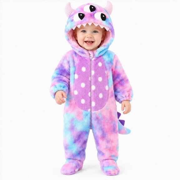 YDFCWXW Purple and Pink Infant Monster Costume, Hooded Jumpsuit with Attached Mitts and Booties (Purple, 1-3 Months)