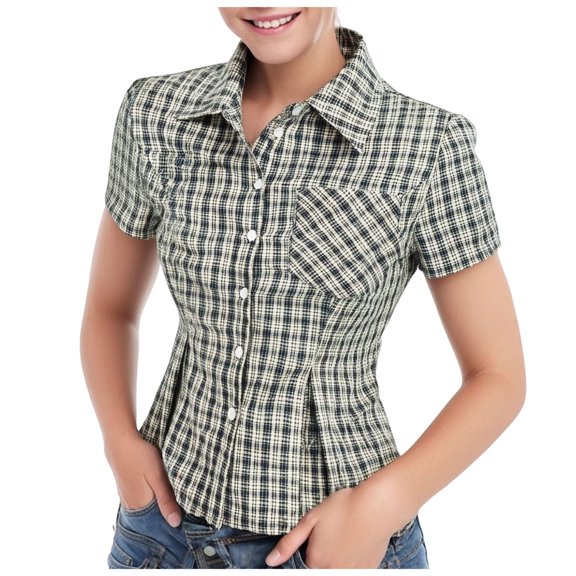 YDFCWXW Shirts for Women Collar Plaid Shirt T-Shirt Ladies Peplum Gingham Outfits Blue, S