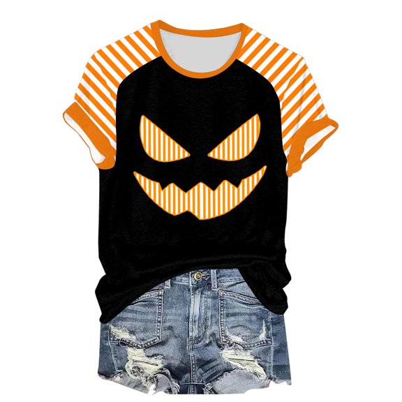 YDFCWXW Shirts for Women Halloween Pumpkin Graphic Tees Funny Short Sleeve Shirt Casual Autumn Tops Dark Gray, M