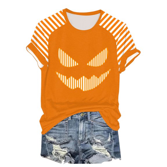 YDFCWXW Shirts for Women Halloween Pumpkin Graphic Tees Funny Short Sleeve Shirt Casual Autumn Tops Gold, L