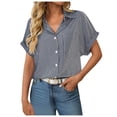 thumbnail image 1 of YDFCWXW Short Sleeve Striped Tops for Women Casual Button Down Shirts Striped Business Work Blouses with Pockets Navy, XXL, 1 of 8