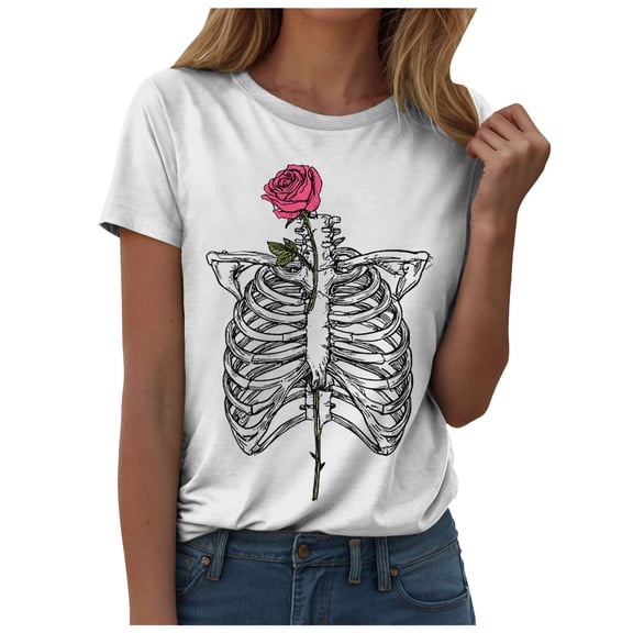 YDFCWXW Skeleton Shirt Rib Cage Skull Halloween Shirts for Women Halloween Grey, XXL