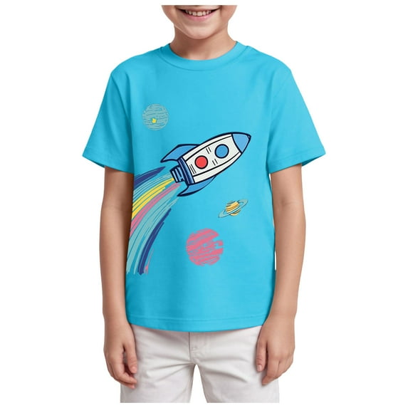 YDFCWXW Space Rocket Ship and Stars Toddler T-Shirt for Boys 2-14 Years (Sky Blue, 3-4 Years)