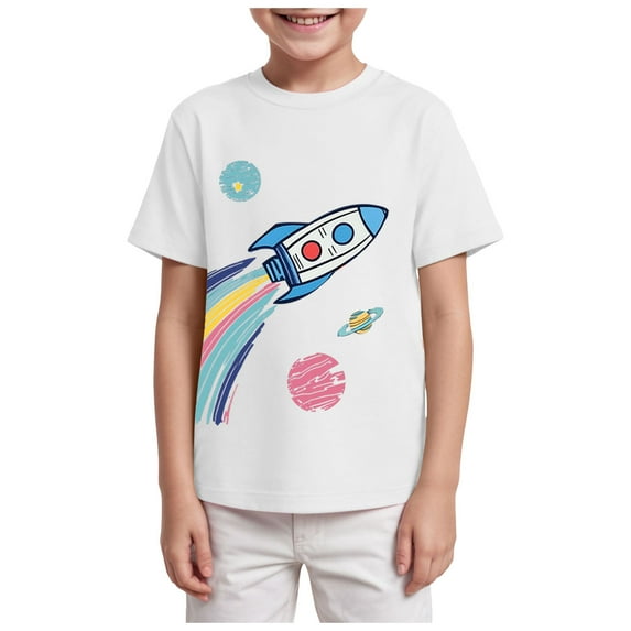 YDFCWXW Space Rocket Ship and Stars Toddler T-Shirt for Boys 2-14 Years (White, 5-6 Years)