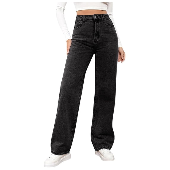 YDFCWXW Straight Leg Jeans for Women,High Waisted Wide Leg Loose Microelastic Boyfriend Denim Pants Dark Gray, XXL
