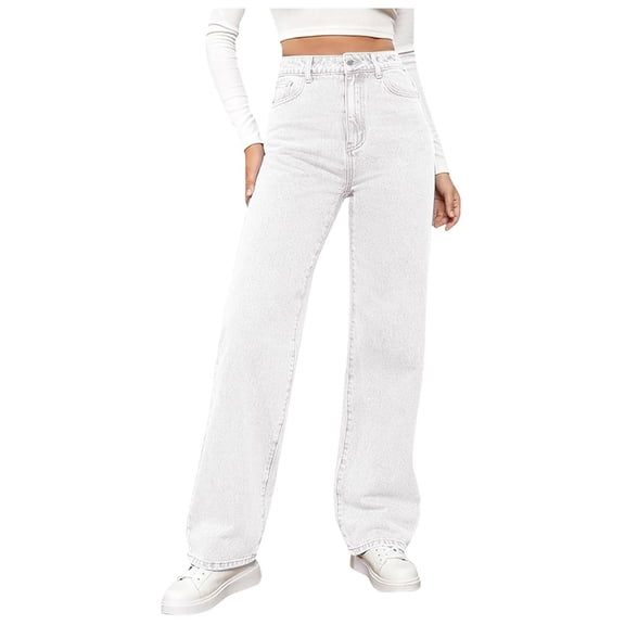 YDFCWXW Straight Leg Jeans for Women,High Waisted Wide Leg Loose Microelastic Boyfriend Denim Pants White, L
