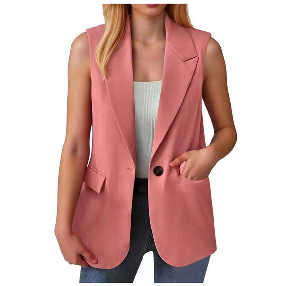 YDFCWXW Summer Casual Sleeveless Vest Tops for Women Lightweight Fully-Lined Fashion Work Office Blazers with Pockets Pink, L
