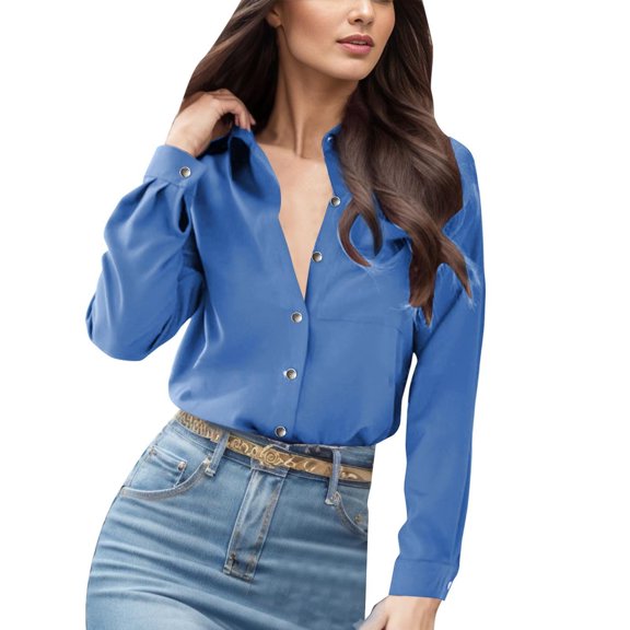 YDFCWXW Super Soft Free Button Down Shirts for Women Solid Long Sleeve Striped Formal Work Dress Blouses Tops Blue, XL