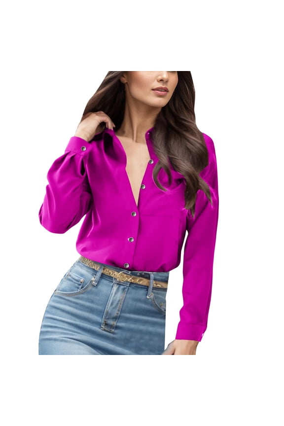 Super Soft Free Button Down Shirts for Women Solid Long Sleeve Striped Formal Work Dress Blouses Tops Hot Pink, L