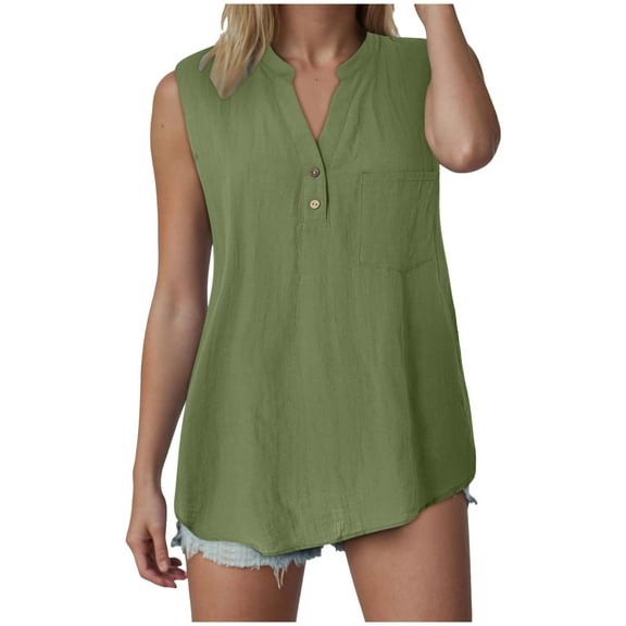 YDFCWXW Tank Tops for Women 2025 Summer Tops Cotton Linen Sleeveless Button Down Shirts Trendy V Neck Blouses with Side Slit AG, XXL