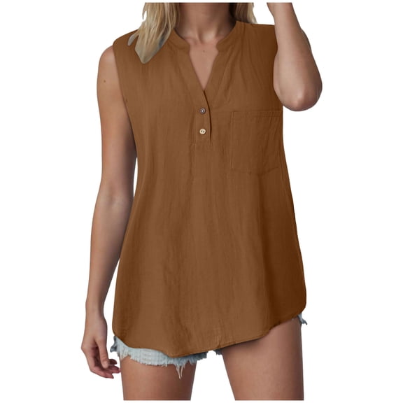YDFCWXW Tank Tops for Women 2025 Summer Tops Cotton Linen Sleeveless Button Down Shirts Trendy V Neck Blouses with Side Slit Brown, XXL