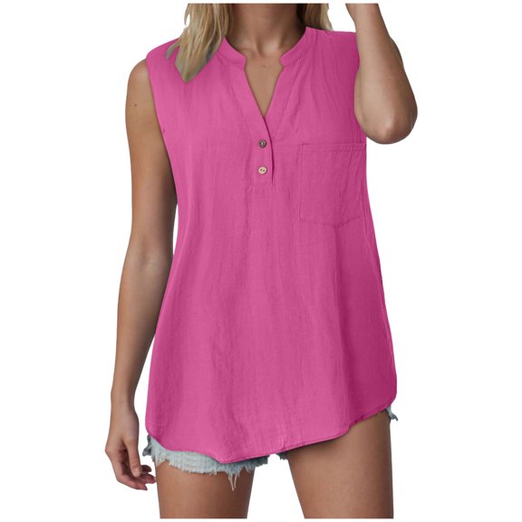 YDFCWXW Tank Tops for Women 2025 Summer Tops Cotton Linen Sleeveless Button Down Shirts Trendy V Neck Blouses with Side Slit Hot Pink, XL