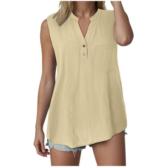 YDFCWXW Tank Tops for Women 2025 Summer Tops Cotton Linen Sleeveless Button Down Shirts Trendy V Neck Blouses with Side Slit Light Yellow, L
