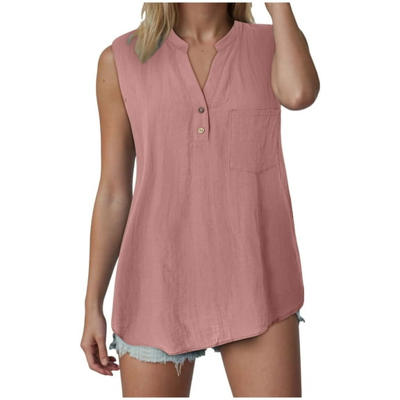 YDFCWXW Tank Tops for Women 2025 Summer Tops Cotton Linen Sleeveless Button Down Shirts Trendy V Neck Blouses with Side Slit Pink, 5XL