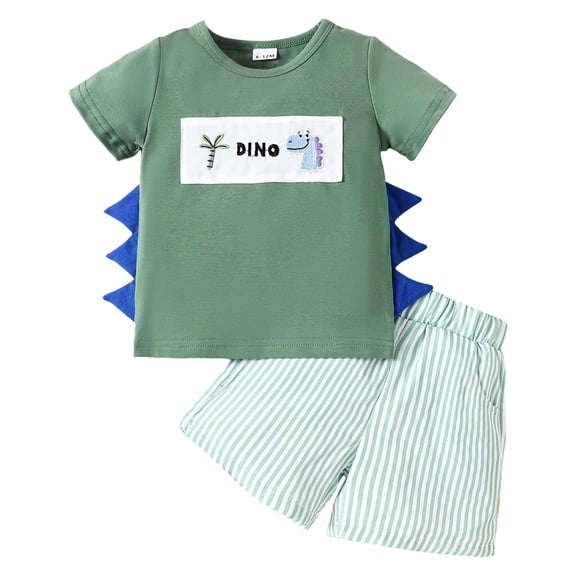 YDFCWXW Toddler Baby Boy Cartoon Dinosaur Outfits Summer Short Sleeve Smocked T-shirt Striped Shorts Clothes Set (AG, 2-3 Years)