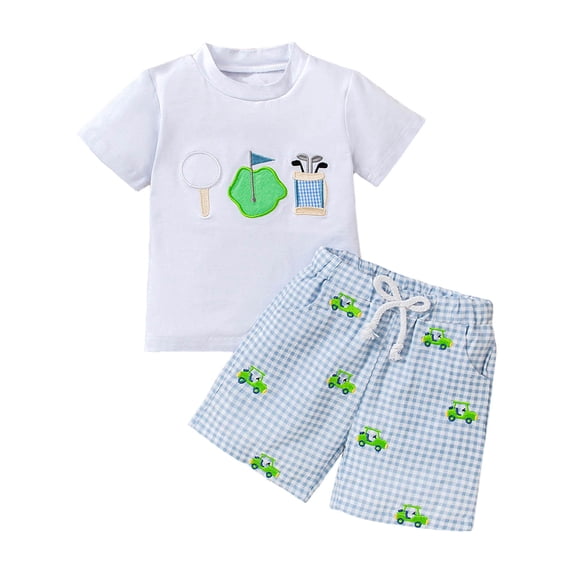 YDFCWXW Toddler Baby Boy Clothes Embroidered Print T-Shirt Striped Shorts 2 Set (White, 18-24 Months)