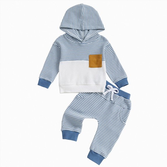 YDFCWXW Toddler Baby Boy Contrast Color Stripe Long Sleeve Hoodie with Waffle Jogger Pants Set Trendy Winter Outfit for Kids (Blue, 18-24 Months)