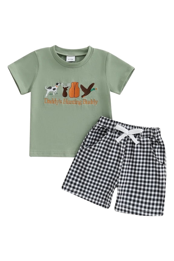 Toddler Baby Boy Deer Hunting Outfits Short Sleeve Daddy's Hunting Buddy T-Shirt Jogger Shorts Kids 2Pcs Hunt Clothes (Green, 3-4 Years)