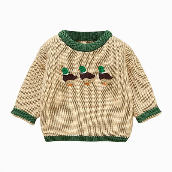 YDFCWXW Toddler Baby Boy Girl Hunt Outfit, Mallard Duck Knit Sweater Long Sleeve Knitted Sweatshirt, Warm Fall Winter Clothes for Outdoor (Khaki, 4-5 Years)