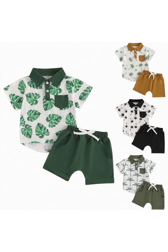 Toddler Baby Boy Hawaiian Shorts Set Coconut Tree Button Turn Down Collar Shirt with Shorts 2 Pcs Summer Boy Sets (Brown, 2-3 Years)