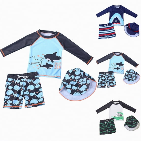 YDFCWXW Toddler Baby Boy Rash Guard Swimsuit 3-Piece Bathing Suit Short Sleeve Zipper Swimwear Swim Suit Trunk with Hat (Dark Gray, S)