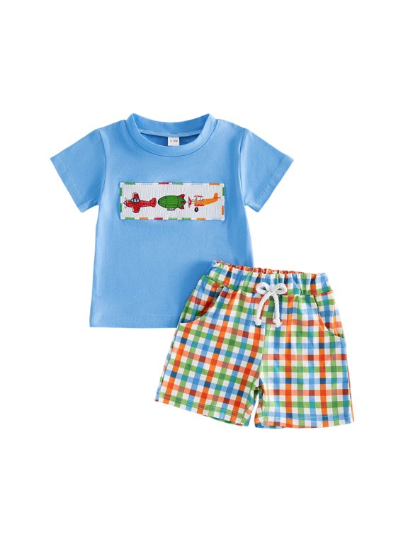 Toddler Baby Boy Short Sleeve Smocked T-shirt Elastic Waist Shorts Summer Clothes (Blue, 18-24 Months)