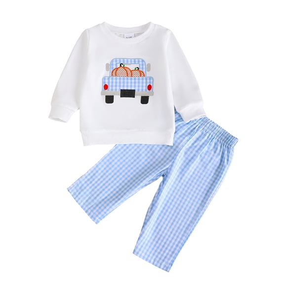 YDFCWXW Toddler Baby Boy Smocked Long Sleeve Embroidery Sweatshirt Gingham Pants Clothes, Preppy Vintage Style Outfit Set (White, 12-18 Months)